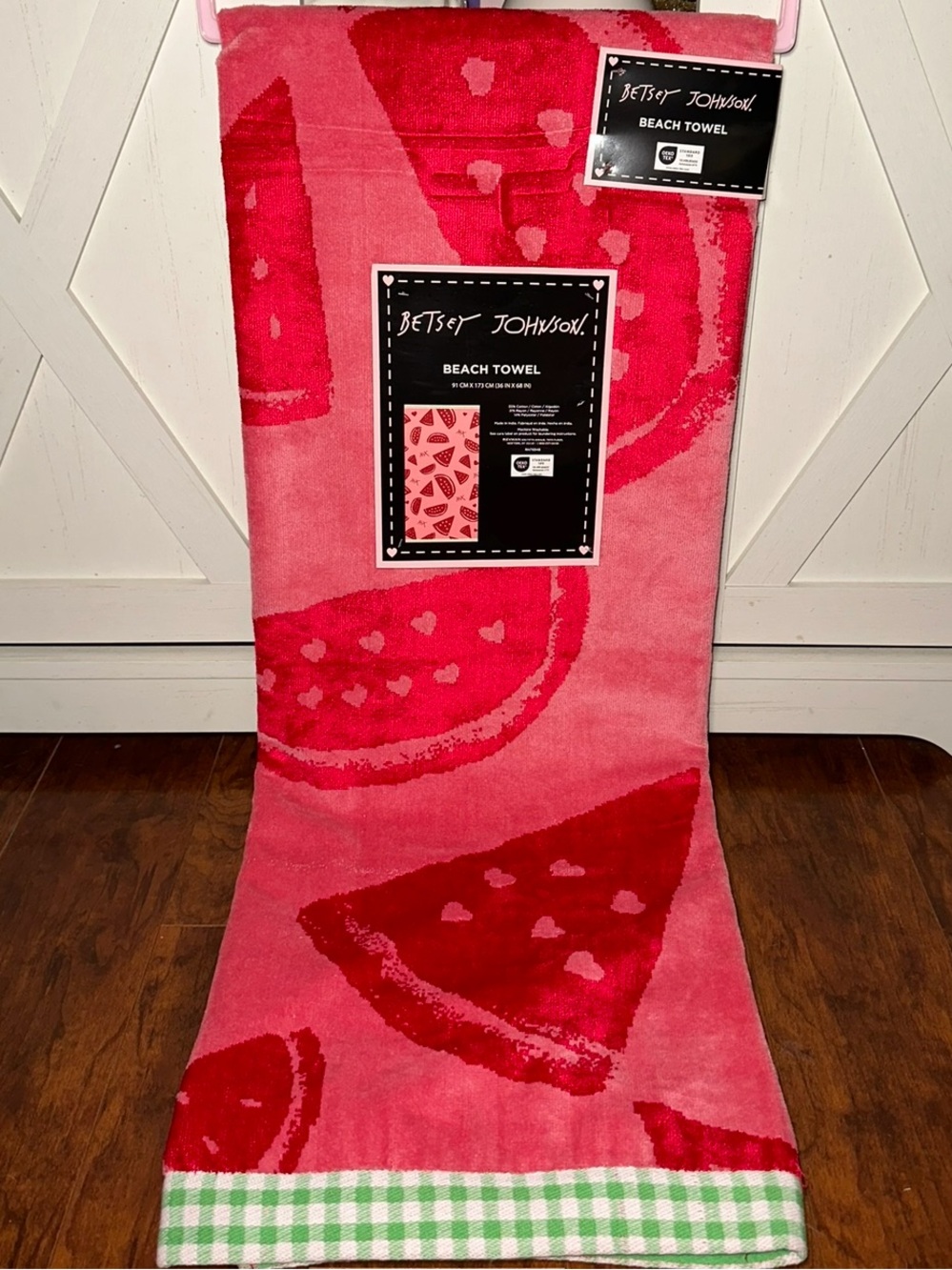 Betsey Johnson Watermelon Slice Embossed Beach Towel with Gingham Green Trim